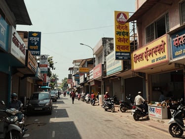 Street-level view of a commercial corridor in Visakhapatnam's Dwaraka Nagar, shop fronts visible, midday natural light, mixed retail and office signage