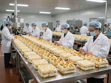 Wide shot of a quality control area in a food manufacturing facility, uniformed staff at inspection stations under even overhead industrial lighting, product batches lined up in systematic order on stainless steel tables