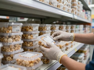 Close-up of hands in protective gloves arranging sealed food product units on a warehouse shelf under bright fluorescent industrial lighting, uniform product labeling visible, organized inventory rows extending into the background