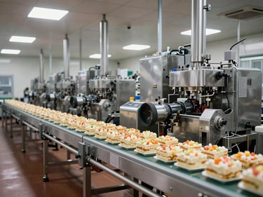Wide environmental shot of a food processing station on a factory floor, stainless steel equipment in operation under bright overhead skylights, organized product units moving along a controlled line, no workers' faces visible