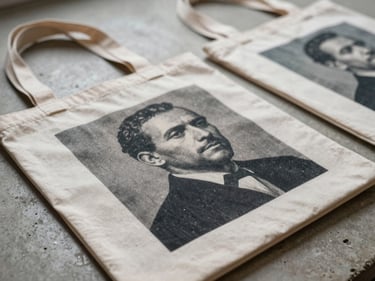 Close-up detail of a limited-edition printed tote bag laid flat on a concrete surface under diffused window light—the collaboration artifact itself. The weave texture and ink saturation visible. A second bag out of focus behind it, suggesting production run.
