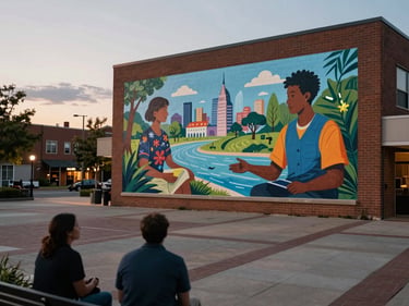 Wide environmental shot looking across a community plaza at dusk, a large-format printed mural installed on a brick wall to the right third of frame—the collaboration output itself, vivid but not posed. Overcast natural light softening the scene. Two people in the foreground mid-conversation, backs to camera, scale giving the mural its size.
