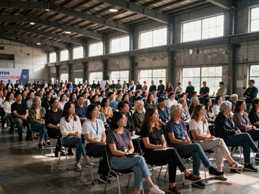 Environmental wide shot of a community event inside a converted warehouse space—rows of people seated facing a temporary stage, natural light from high industrial windows cutting across the crowd. The event itself is the subject: the scale of attendance visible, no posed group portrait. A branded banner in the far background, partially visible, deliberately not the focus.