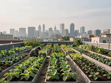 Wide-angle view of an urban rooftop farm in overcast morning light, raised beds stretching toward a city skyline in the soft background. A person in work clothes crouches to inspect a plant in the foreground left, scale making the farm feel genuinely large. No posed moments, no eye contact with camera.