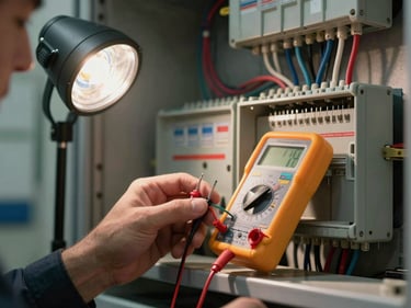 Electrician using a multimeter to troubleshoot a live circuit at a junction box, tungsten work light, conduit and wiring visible in background