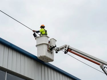 Electrician at height in a bucket truck aerial platform servicing overhead utility lines alongside a commercial building, overcast daylight, safety harness visible