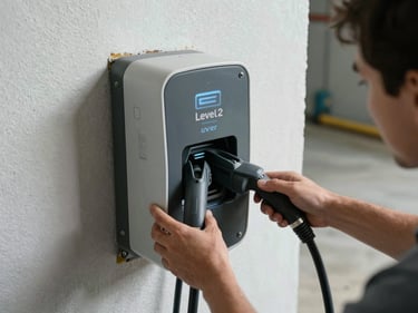 Hands mounting a Level 2 EV charger unit to a garage wall, wiring visible mid-installation, concrete floor and utility conduit in background