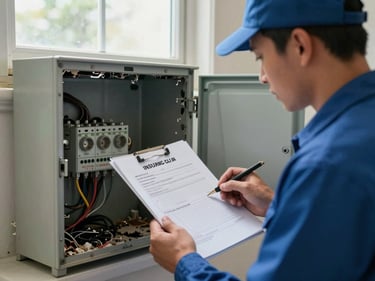 Electrician reviewing an insurance claim document beside a damaged residential panel, natural window light, charred wiring visible inside the open enclosure