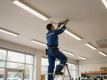 Wide shot of a commercial retail space ceiling with fluorescent and LED fixtures being serviced by an electrician on a ladder, natural daylight from storefront windows