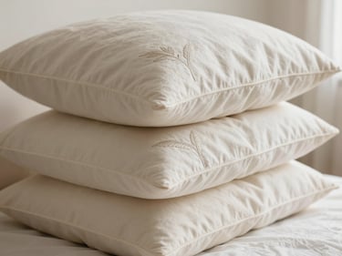 A neat stack of custom-shaped throw pillows with elegant minimalist embroidery, soft natural lighting on fabric folds