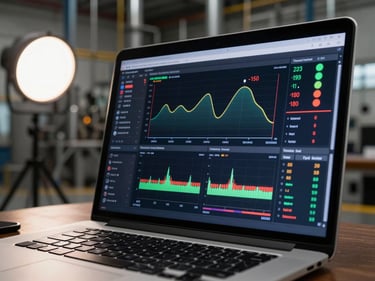 Close-up of a laptop screen displaying a custom thermal monitoring dashboard with real-time infrared sensor data graphs and alert thresholds, keyboard and industrial plant environment visible in background, studio strobe on screen emphasising data readouts