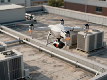 Drone hovering low over an industrial rooftop during a thermal mapping pass, thermal camera pod visible on gimbal underside, rooftop HVAC units and conduit runs filling the frame below, clear daylight conditions showing genuine thermal contrast across rooftop surfaces
