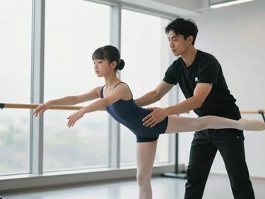 A private coach adjusting a dancer's alignment in a bright modern studio with large windows, focused expressions, soft natural light, 85mm lens