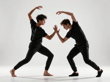 Two contemporary dancers in a fluid, high-energy duet, dynamic motion blur, bright studio background, sharp focus on hands, 85mm lens