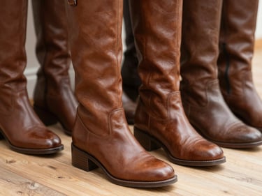 Close-up of elegant women's leather boots, rich brown color, natural daylight, shallow depth of field, neatly arranged on a wooden floor.