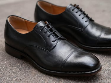 Close-up of men's dress shoes, black polished leather, studio lighting, shallow depth of field, on a dark, textured surface.