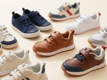 Bright, natural daylight shot of colorful children's sneakers, new and clean, arranged playfully on a light background.