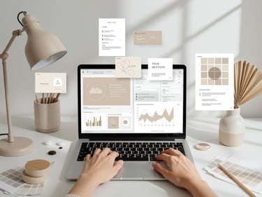 Una persona usa una computadora portátil para marketing digital y diseño gráfico en un escritorio