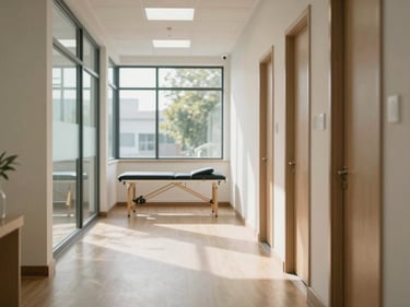 Clean physiotherapy clinic corridor with natural daylight through large windows, treatment table visible in background, no people
