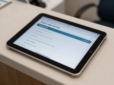 Overhead macro shot of a digital appointment booking screen on a tablet resting on a clinic reception counter, crisp studio lighting