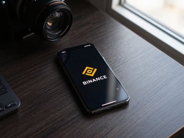 Flat-lay overhead of a smartphone displaying a USDT Binance wallet balance screen on a dark desk, natural office window light, no faces, documentary framing