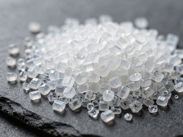 Macro shot of clean low-density polyethylene granules, shallow depth of field, high-contrast shadows