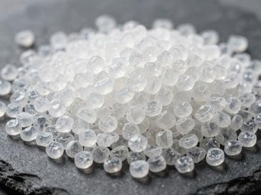 Macro shot of uniform translucent white polypropylene granules, industrial lighting, sharp focus