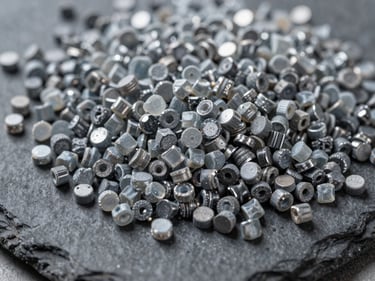 Macro shot of high-density polyethylene lumps and granules, cool daylight, metallic tones
