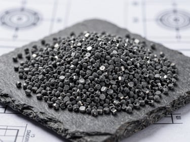 Macro shot of dark gray nylon polymer granules, technical blueprint aesthetic, cool-toned daylight