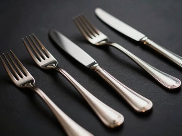 Close-up of polished silver cutlery arranged elegantly on a dark surface, subtle reflections, low-key lighting.