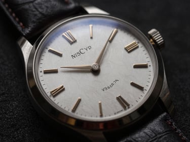 Close-up of a vintage luxury watch dial, intricate details, leather strap, moody lighting.
