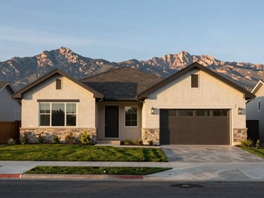 South Jordan Utah modern home exterior on a wide residential street, green front lawn, Rocky Mountains visible in the distance under warm afternoon light