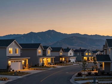 South Jordan Utah suburban street at dusk, contemporary homes with lit windows, Wasatch mountains silhouette on horizon, warm amber and blue sky