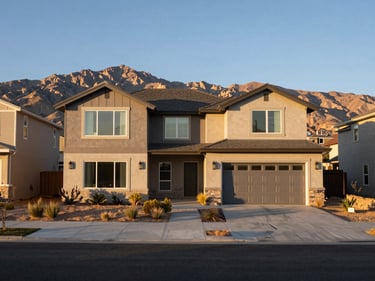Wide shot of a modern two-story home in Herriman Utah, Wasatch mountains visible behind, golden hour light, desert scrub landscaping, clean suburban street
