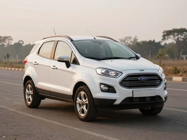 Three-quarter front of a white Ford EcoSport parked on a quiet Accra tarmac, early morning flat light, clean panels and front grille visible