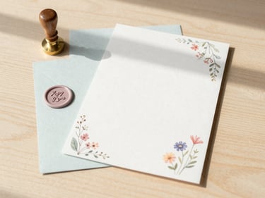 Flat lay of elegant custom stationery suite with a wax seal, pastel colors, and delicate floral accents on a light wood background, natural daylight, soft shadows, scrapbook style, Tao illustration in corner