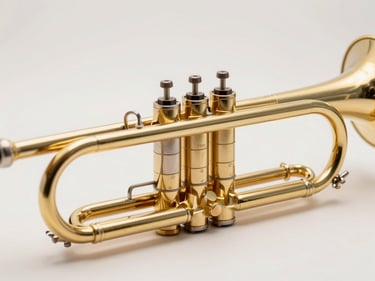 Macro shot of a pristine gold trumpet valve mechanism, soft directional studio light