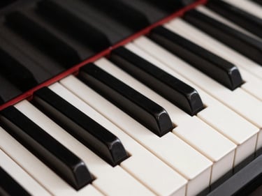Isolated premium grand piano keys close-up, ivory and ebony, soft directional key light, clean off-white background
