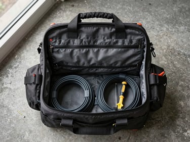 Overhead flat-lay of an electrician's work bag open on a concrete floor, coiled wires and a screwdriver visible, daylight-neutral lighting from a nearby window