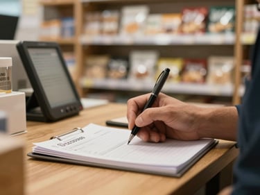 Close-up of a shopkeeper's hand writing in a stock register on a wooden counter, soft tungsten overhead light, shelves with packaged goods blurred in background