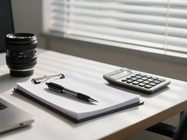 A small office desk with a pen resting on a notepad, a calculator beside it, daylight coming through a half-open venetian blind casting soft stripes on the surface