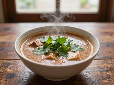 A steaming bowl of local laksa with rich coconut broth and fresh herbs on a rustic table, warm editorial photography