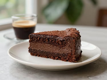 A slice of rich chocolate fudge cake next to a small cup of espresso on a cream plate, shallow depth of field
