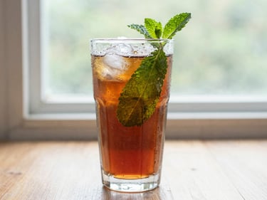 An elegant glass of iced floral tea with mint leaves, condensation on the glass, soft natural window light, 35mm