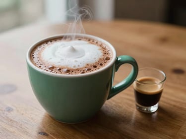 A close-up of a steaming mug of cocoa with thick froth next to a freshly pulled espresso shot on a wooden table, warm tones, shallow depth of field