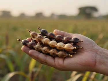 Close-up of raw castor beans and pods in an open palm, golden hour natural field light, Gujarat agricultural setting, no faces visible
