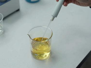 Overhead shot of castor oil measured into a small glass beaker beside a laboratory pipette on a white lab bench, north-facing daylight, no people