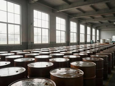Wide environmental shot of castor oil processing facility interior, north-facing daylight through high windows, rows of sealed drums, no people or machinery in motion