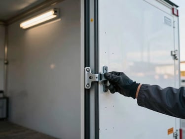 Close-up medium shot of a dry van trailer door being secured at a distribution dock, latch hardware in sharp focus, fluorescent warehouse lights reflecting off the trailer skin, a driver's gloved hand in frame