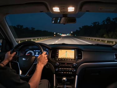 Dashboard-lit cab interior at night, a driver's hands on the wheel on an empty interstate, GPS route screen glowing amber in the center console, headlights cutting into dark highway ahead